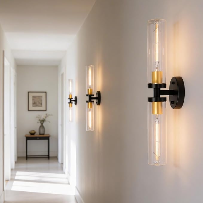 Black and Gold Wall Sconces Set of 2, Hardwired Bathroom Light Fixtures, Modern Bathroom Vanity Wall Lighting with Clear Glass Shade, Farmhouse Wall Sconce for Mirror Bedroom Hallway, E26 Base
