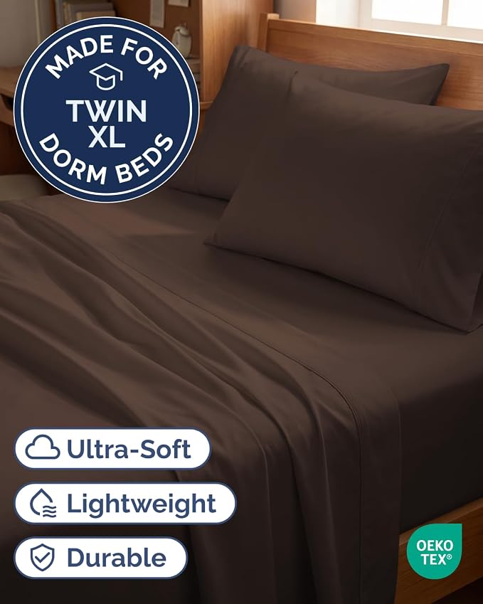Twin XL 4 Piece Sheet Set - Comfy Breathable & Cooling - Ultra Soft Hotel Luxury Bedding Set w/ 8-16 Inch Deep Pockets - 1 Flat & 1 Fitted Sheet & 2 Pillowcases - Wrinkle Free and Easy Care - Brown