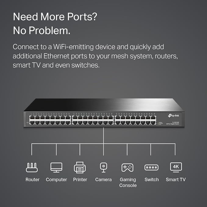 TP-Link 48 Port Gigabit Ethernet Switch | Plug and Play | Sturdy Metal w/ Shielded Ports | Rackmount | Fanless | Traffic Optimization | Unmanaged (TL-SG1048) , Black