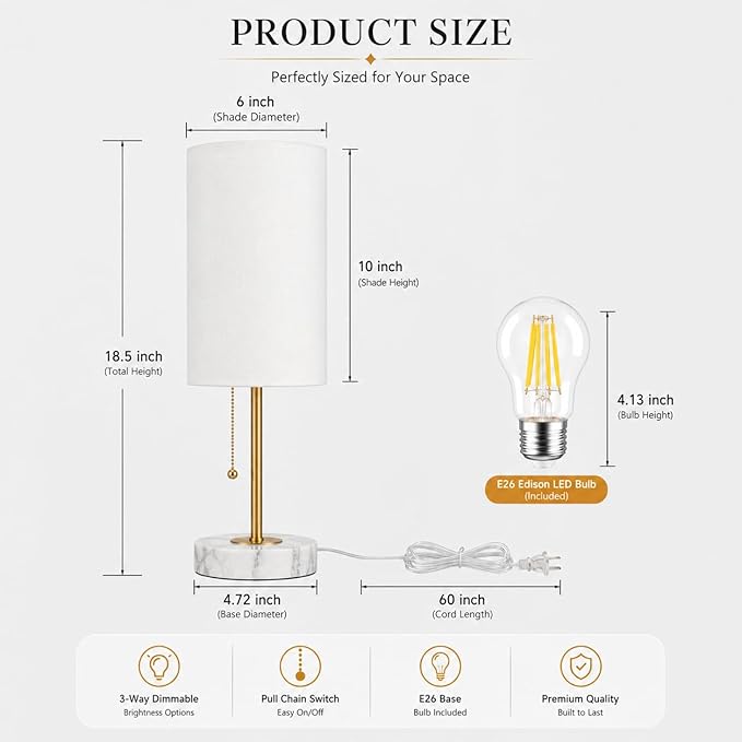 JUNNAI Table Lamps Set of 2, Gold Bedside Lamps, 3 Way Dimmable Nightstand Lamps with Marble Base & Linen Shade &Pull Chain,18.5 Inches Tall Skinny Desk Lamps for Bedroom Living Room(Bulbs Included)