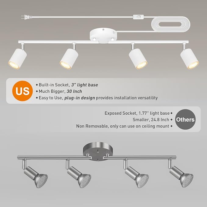 Plug in Track Lighting LED, Track Lighting Fixtures Ceiling, White 4-Light Kitchen Light Kit, Plug in Wall Light with 14.8ft Power Cord, Rotatable Ceiling Spotlight for Bedroom(GU10 Socket, NO Bulb)