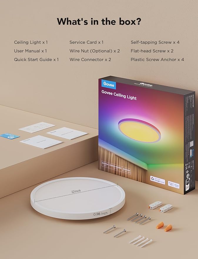 Govee Smart Ceiling Light, RGBIC LED Ceiling Light Fixture, 2400LM Flush Mount Light Fixture, DIY Colors, Works with Matter Alexa, 2700K-6500K Lights for Bedroom, Living Room,12 Inch, 1 Pack (White)
