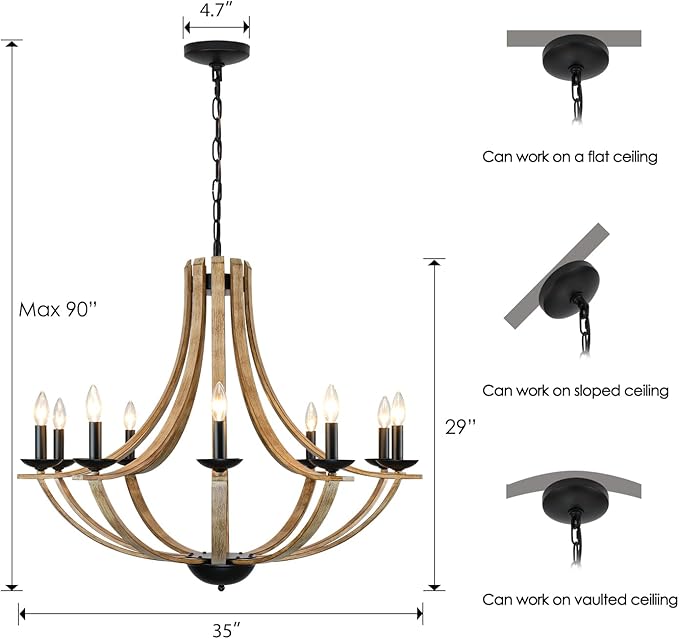 LAMPKEDUO Farmhouse Chandeliers for Dining Room Light Fixture, 10-Light 35" Adjustable Height Retro Faux Wood Texture Rustic Light Fixtures for Living Room Bedroom Kitchen Island Foyer Entryway