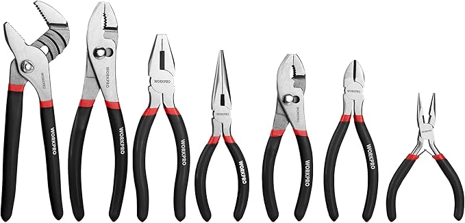 WORKPRO 7-piece Pliers Set with Groove Joint, Long Nose, Slip Joint, Linesman, and Diagonal Pliers for DIY & Home Use, Black