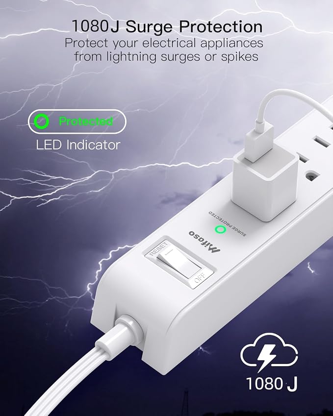 2 Pack Long Extension Cord, 12FT Power Strip Surge Protector with 6 Outlets and 4 USB Ports (2 USB C), Extension Cord with Multiple Outlets, Flat Plug Overload Protection, Wall Mount for Dorm College