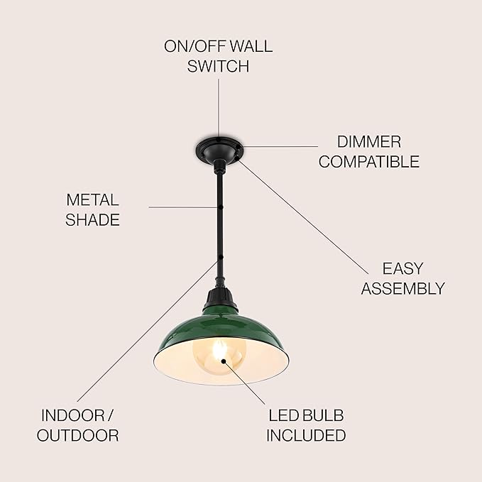 JONATHAN Y 12.25" Green/Black 1-Light Farmhouse Indoor/Outdoor LED Pendant Iron Hanging Light, and Black Metal Shade, Rustic Ceiling Lamp for Kitchen Island, LED Bulb Included (JYL7611F)