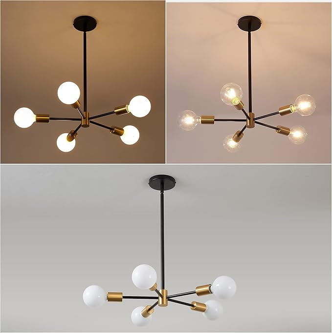 KAISITE Sputnik Chandelier Light Fixture - Modern 5-Light Sputnik Ceiling Light Height Adjustable Gold and Black Hanging Pendant Lighting for Living Room Kitchen Bedroom Hallway Farmhouse