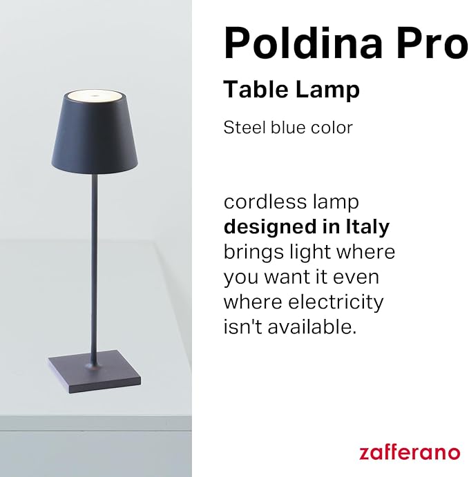 Zafferano, Poldina Pro Lamp, Rechargeable Cordless Table Lamp with Touch Controls, Suitable for Indoor and Outdoor, Dimmer, 2200-3000 K, Height 14.9 Inches, Steel Blue Color