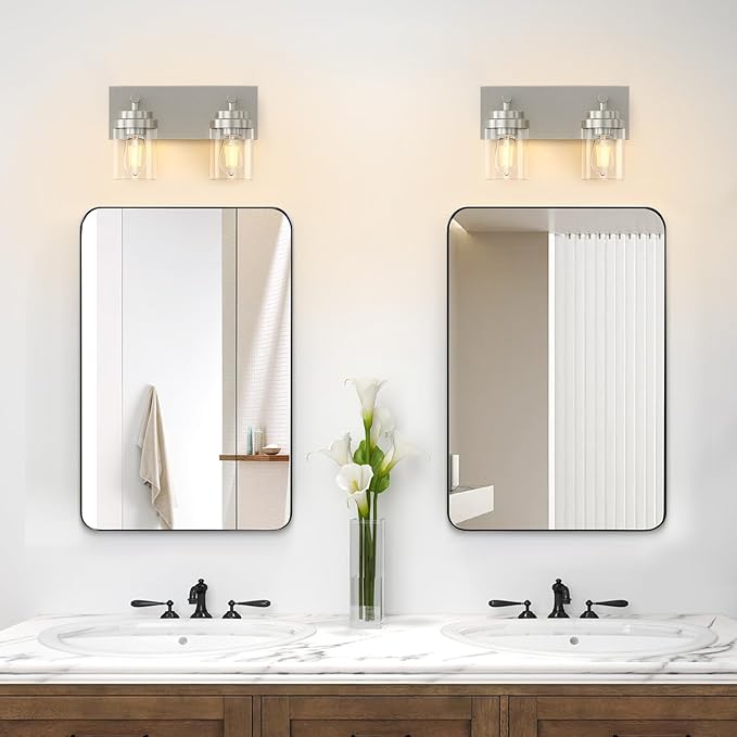 IZORRO Bathroom Vanity Light Fixture, 2-Light 15 Inch Brushed Nickel Bathroom Light Fixtures Over Mirror, with Clear Glass Shade, Modern Farmhouse Vanity Lights, Rustic Restroom Lighting Fixtures