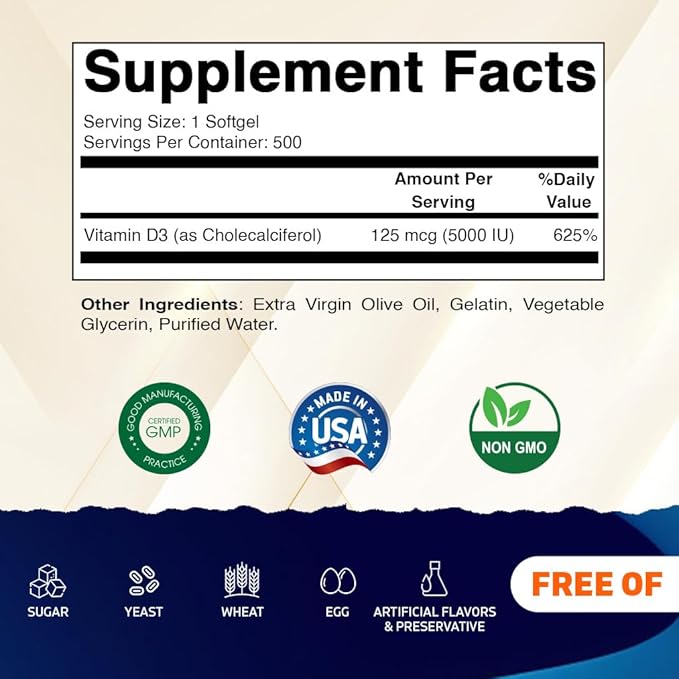Vitamatic Vitamine D3 5000 UI (125 mcg) – 500 mini capsules molles à base d'huile d'olive – Pressée à froid – Approvisionnement de 500 jours – Soutient la santé des os, des muscles et du système immunitaire – Sans OGM et sans gluten