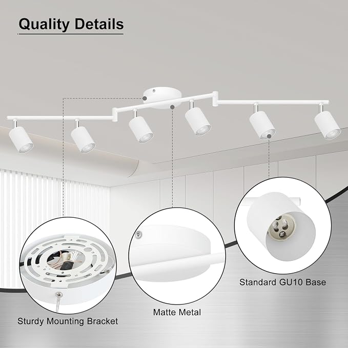 AUQUEE 6 Light Track Lighting Fixtures Ceiling, Matte White Kichen Track Lighting Fixtures with Rotatable Light Heads, Foldable Lamp Arms, Modern LED Track Lights for Kitchen/Hallway, No GU10 Bulb