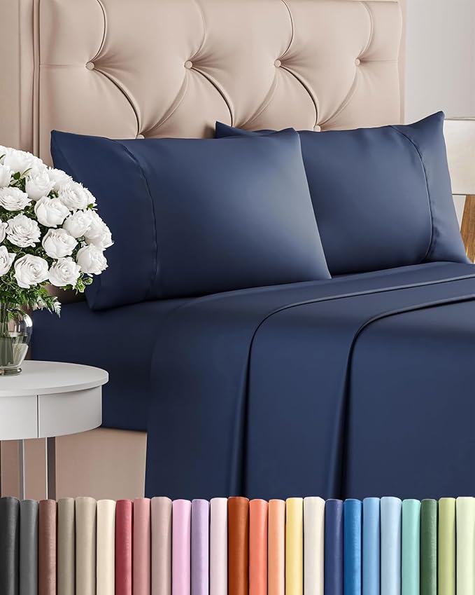 Twin 4 Piece Sheet Set - Comfy Breathable & Cooling - Ultra-Soft Hotel Luxury Bedding Set with 8-16 Inch Deep Pockets - 1 Flat & 1 Fitted Sheet & 2 Pillowcases - Wrinkle Free & Easy Care - Navy Blue