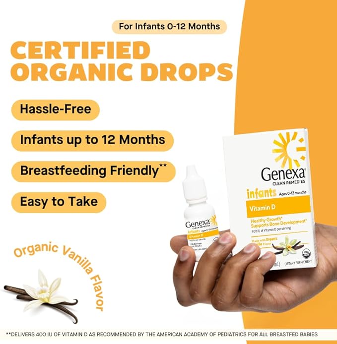 Genexa Gouttes liquides de vitamine D pour nourrissons, bébés et tout-petits | Développement osseux | Délicieuse saveur de vanille biologique | Certifié biologique, sans gluten et sans OGM | 270 portions (lot de 3)