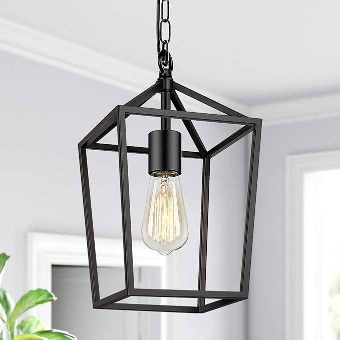 Farmhouse Black Pendant Light for Kitchen Island Industrial Hanging Lantern Fixture Modern Metal Cage Lamp Chandelier Lighting for Dinning Room Hallway, 49in Adjustable Chain for Flat & Sloped Ceiling