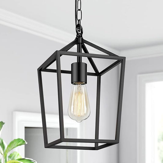 Farmhouse Black Pendant Light for Kitchen Island Industrial Hanging Lantern Fixture Modern Metal Cage Lamp Chandelier Lighting for Dinning Room Hallway, 49in Adjustable Chain for Flat & Sloped Ceiling