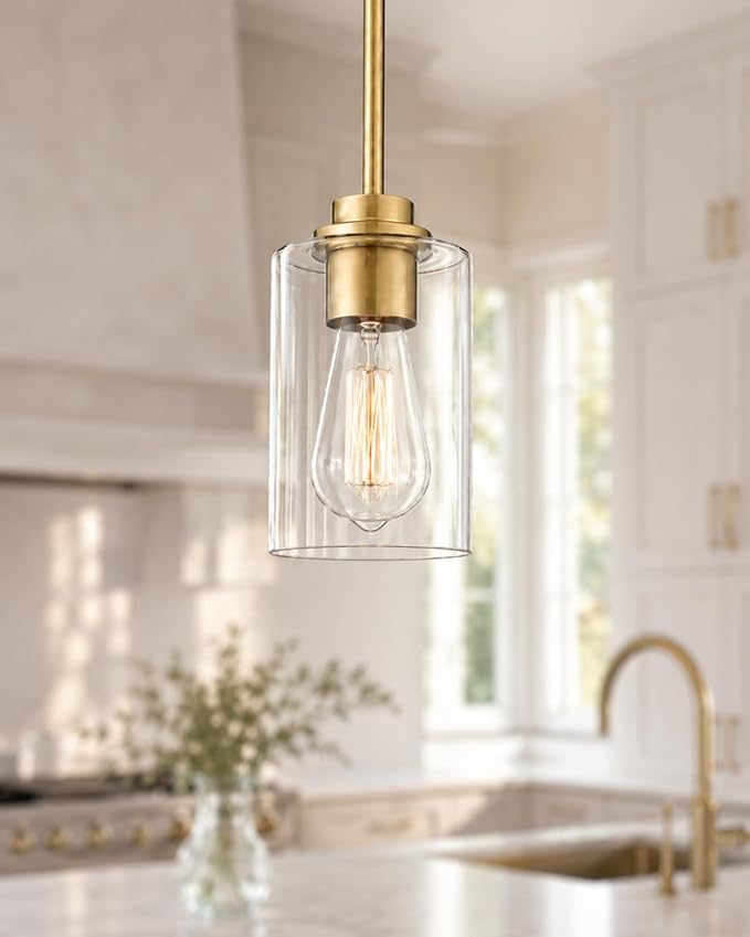 Brass Pendant Lights Kitchen Island 2 Pack, Farmhouse Gold Pendant Lighting with Clear Glass Shade, Mini Hanging Light Fixture for Kitchen Sink Dining, AD-22281-1P2-GD-C