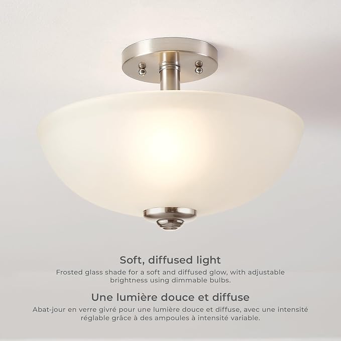 Globe Electric 63357 13 in. 2-Light Semi-Flush Mount Ceiling Light, Brushed Nickel, Chrome Accents, Frosted Glass Shade