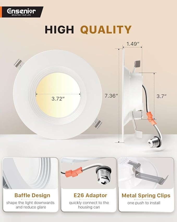 Ensenior 5/6 Inch 5CCT LED Can Lights 24 Pack, Retrofit Led Recessed Lighting, Baffle Trim, Dimmable, 9W=110W, 1000LM, 2700K/3000K/3500K/4000K/5000K Selectable, IC Rated - ETL & FCC