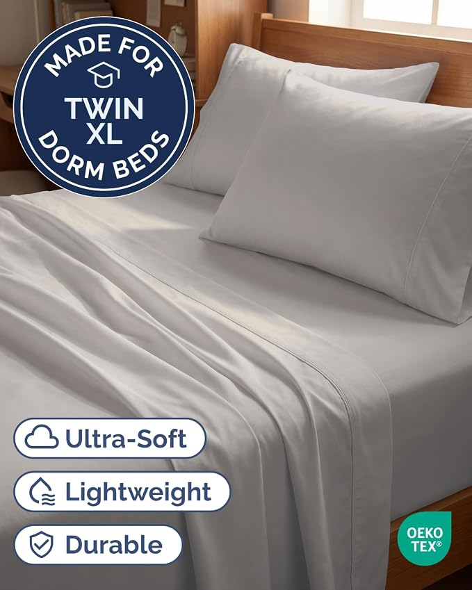 Twin XL 4 Piece Sheet Set - Comfy Breathable & Cooling - Ultra Soft Hotel Luxury Bedding Set w/ 8-16 Inch Deep Pockets - 1 Flat & 1 Fitted Sheet & 2 Pillowcases - Wrinkle Free & Easy Care - Light Grey