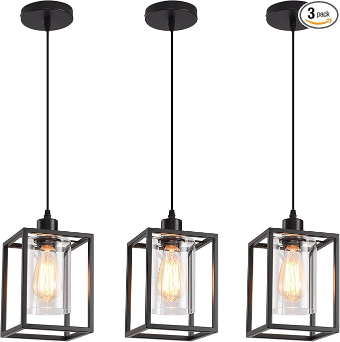 3 Pack Black Pendant Lights for Kitchen Island Industrial Lantern Pendant Light Fixtures with Clear Glass Shade, Farmhouse Adjustable Height Hanging Pendant Lighting for Dining Room