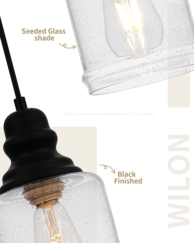WILON Modern Glass Pendant Lights for Kitchen Island, 6.29" Mini Pandent Light Fixture with Seeded Glass Shade Black Farmhouse Pendant Lights E26 Base Hanging Kitchen Lights for Sink Dining Room
