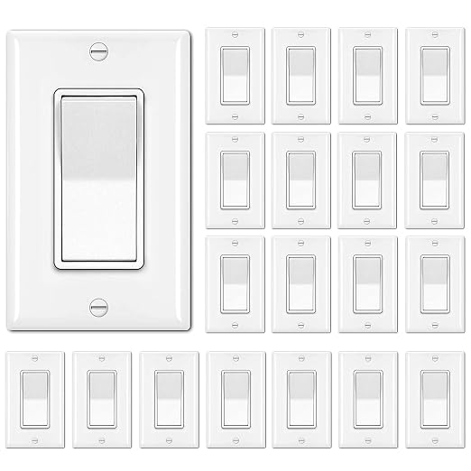 BESTTEN 20 Pack Single Pole Decorator Wall Light Switch with Wallplate, 15A 120/277V, On/Off Rocker Paddle Interrupter, UL Listed, White