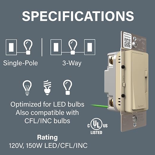Legrand Radiant 150-Watt Single-Pole/3-Way LED Advanced Dimmer Light Switch, Flicker-Free Dimmer for Dimmable LED Bulbs, Ivory