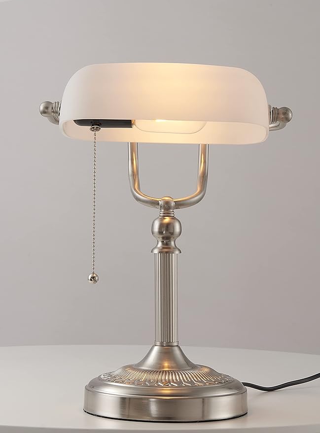 White Matted Glass Bankers Desk Lamp with Pull Chain Switch Plug in Fixture,Sand Nickel Base