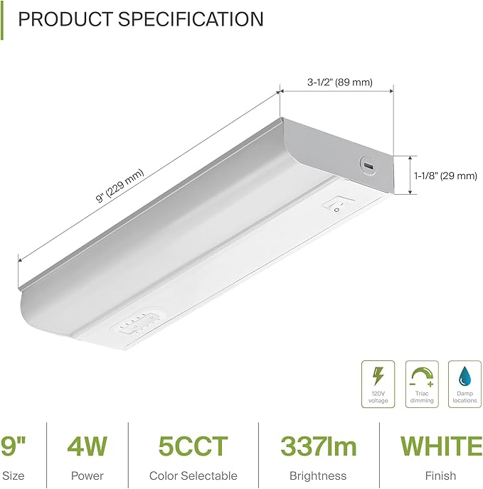 ASD LED Under Cabinet Lighting Hardwired, 9 Inch 4W 2700K-5000K Selectable, 337LM, CRI90+, Direct Wire Linkable Under Counter Lights for Kitchen, Dimmable Under Cabinet Lights, White, UL, 20 Pack