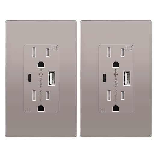 TOPGREENER USB Outlets, 4.2A Type A & Type C USB Wall Outlet, 15 Amp Tamper-Resistant USB Outlets Receptacles, Wall Plate Included, UL Listed, TU21536AC-NKWSI-2PCS, Nickel, 2 Pack