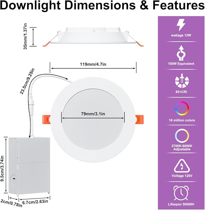 SikSog Smart Recessed Lighting 4 Inch RGBCW Color Changing 12W LED Downlight with Junction Box,1100 Lumen Recessed Ceiling Light Compatible with Alexa,Dimmable by Bluetooth Control -6Pack