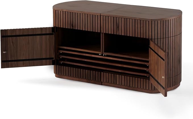 Transformer Table Round Sideboard Buffet Cabinet, Royal Brown | Hidden Drawers, Solid Wood, Integrated Table Panel Storage, Modern Dining Room
