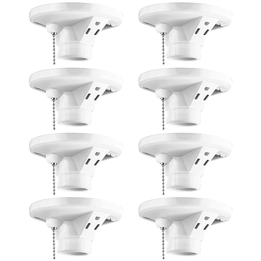 8 Pack Light Socket with Outlet and Pull Chain Light Fixture, Bulb Socket with Grounded Outlet, E27/e26 Base, Box Mount for Indoor Garage Closet Lighting (Porcelain)