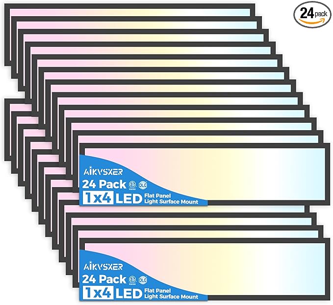 AIKVSXER 24PACK 1x4 LED Flat Panel Light Surface Mount LED Ceiling Light, 5500LM 50W TRIAC 10-100% Dimmable, 3000/4000/5000k AC120V Kitchen Lights Ceiling Flush Mount for Garage/Basement Black