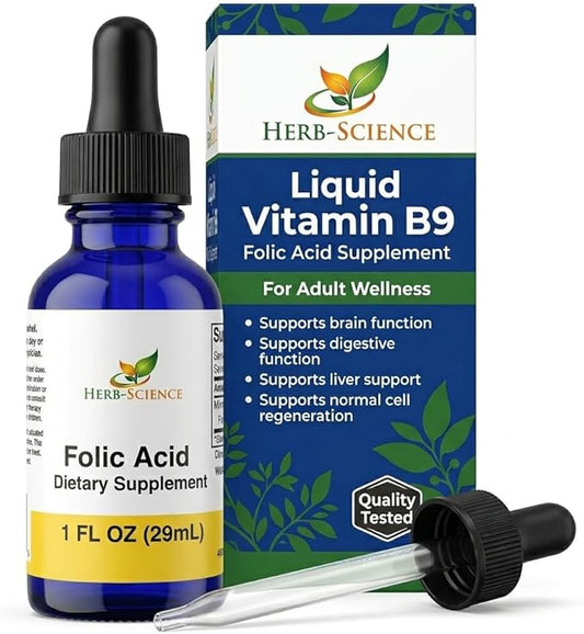 Liquid Vitamin B9 Folic Acid Supplements - VIT B Drops for Brain & Digestive Function, Liver Support - Gluten-Free, Non-GMO, Vegan - Nutritional Supplement for Adults - 1 fl. oz.