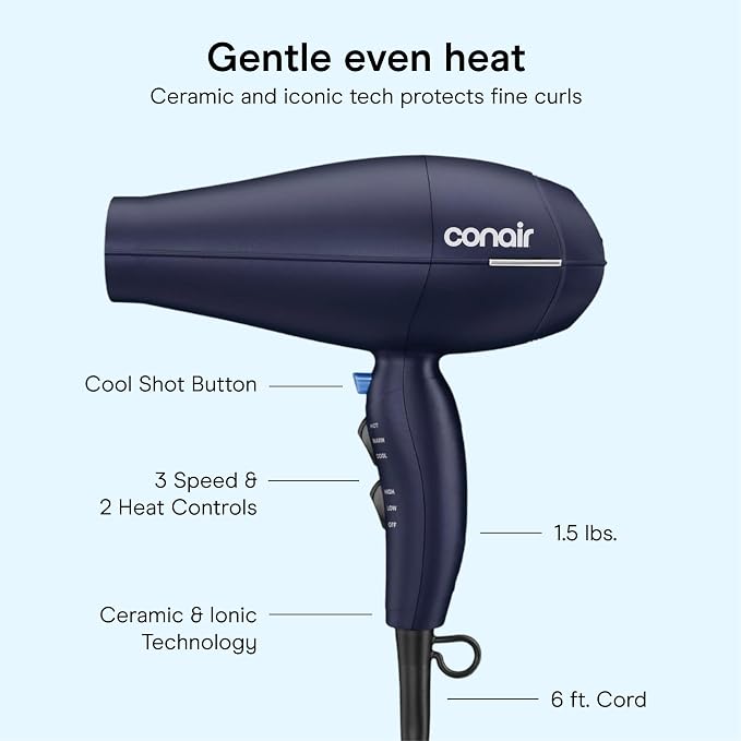 Conair Natural Texture Styling System Hair Dryer | Multi-Chamber Diffuser for Curly, Coily, and Wavy Hair, Dark Blue, 600XRL