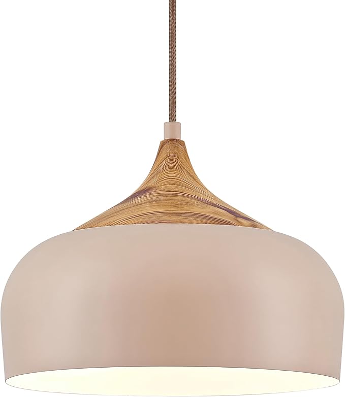 ELYONA 12 Inch Modern Pendant Light for Kitchen Island Farmhouse Hanging Lamp with Faux Pine Wood Grain Metal Shade, Adjustable Wabi Sabi Boho Ceiling Fixture for Dining Room Bedroom,Light Brown