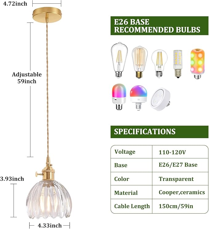 Shenmoyl Pendant Light 2 Pack with Clear Tulip Glass Lmapshade, Brass Vintage Pendant Light Adjustable Hanging Light for Kitchen Island Dining Room Hallway