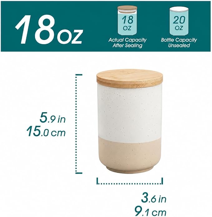 vancasso Sabine Small Ceramic Canister with Airtight Wood Lid - 18 oz Kitchen Storage for Coffee, Sugar, Tea & Spices - Compact Countertop Jar