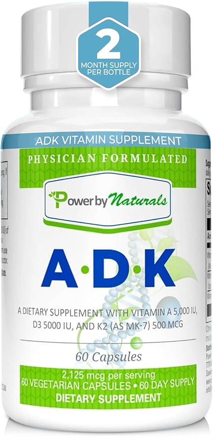 Power By Naturals Complément de Vitamines ADK – Mélange Hautement Dosé de Vitamines A, D3 5000 UI et K2 MK7 pour la Santé Osseuse – Complément de Vitamines A D K – 60 Gélules (2 Mois d'Approvisionnement)