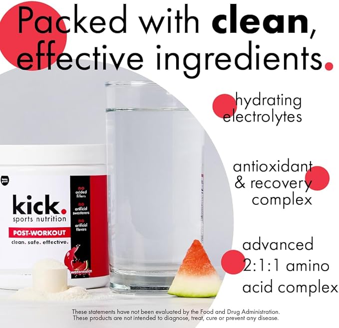 Kick Post Workout Powder, Watermelon Flavor, 30 Servings, Magnesium, Vitamin C, Electrolytes, & Zinc to Support Hydration & Muscle Renewal, No Added Fillers, No Artificial Sweeteners or Flavors