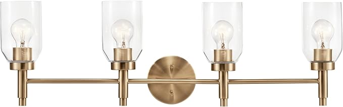 Kichler Madden 4-Light Bathroom Vanity Light Fixture with Clear Glass Shades in Champagne Bronze, Modern Wall Mount for Single or Double Vanity Over Mirror (10.5" x 34"), 55186CPZ