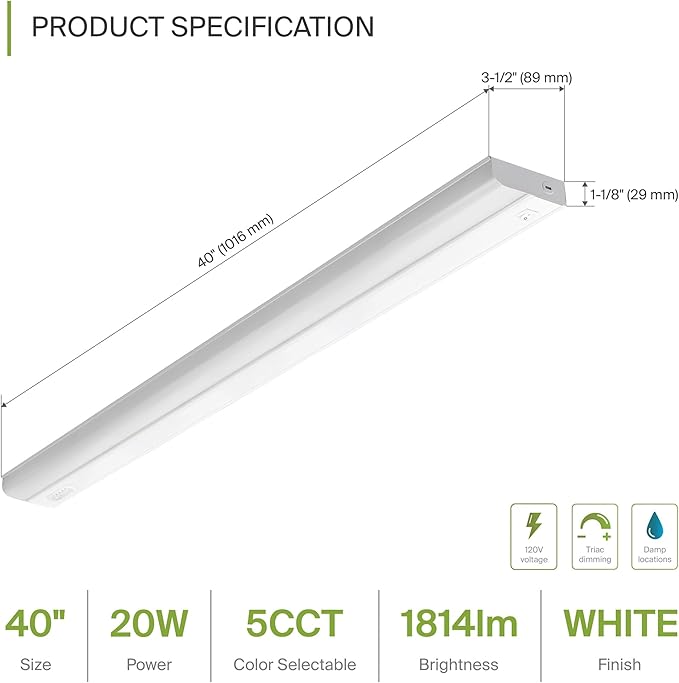 ASD LED Under Cabinet Lighting Hardwired, 40 Inch 20W 2700K-5000K Selectable, 1814LM, CRI90+, Direct Wire Linkable Under Counter Lights for Kitchen, Dimmable Under Cabinet Lights, White, UL, 6 Pack