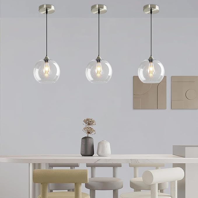 Modern 3-Pack Glass Globe Pendant Lights, Clear Modern Pendant Lighting for Kitchen Island, Clear Glass Hanging Lamps for Dining Room Living Room Bedroom, Medium 7.87 Inch Fixture (Bulbs Not Included)
