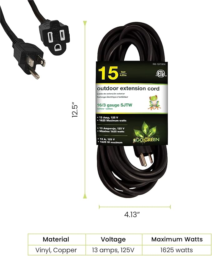 Power By GoGreen Go Green Power Inc. (GG-13715BK) 16/3 SJTW Outdoor Extension Cord, Black, 15 ft