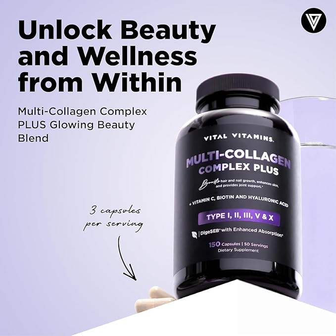 Vital Vitamins Multi Collagen Plus (2-Pack) - with Biotin, Hyaluronic Acid, Vitamin C - Type I, II, III, V, X - for Women & Men - Hair, Skin, Nails Beauty Complex