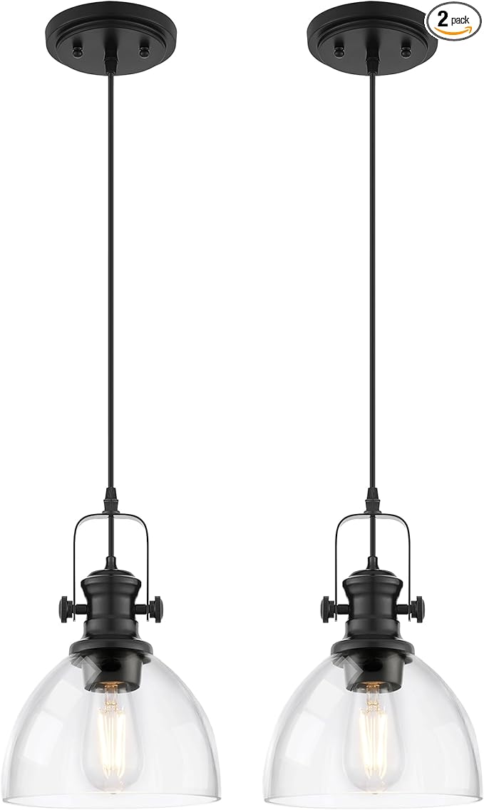 2-Pack Pendant Lights Kitchen Island, 7.5" Farmhouse Black Pendant Lighting with Clear Glass Shade, Vintage Hanging Light Fixtures for Dining Room Entryway, Adjustable Cord, AD-22151-1P2-BK-C