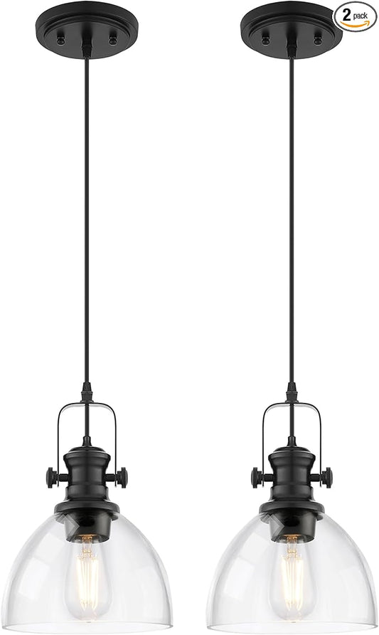 2-Pack Pendant Lights Kitchen Island, 7.5" Farmhouse Black Pendant Lighting with Clear Glass Shade, Vintage Hanging Light Fixtures for Dining Room Entryway, Adjustable Cord, AD-22151-1P2-BK-C