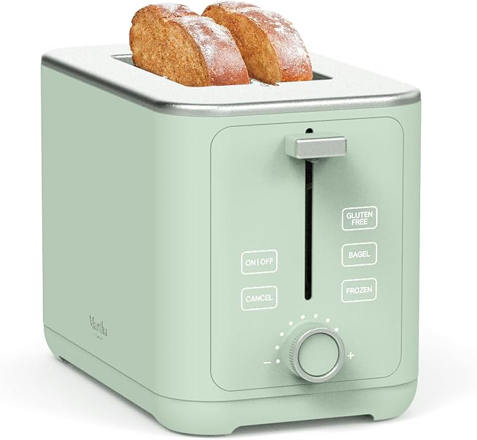 Martha Stewart 2 Slice Toaster, 10 Shade Settings with Defrost, Cancel, Bagel & Gluten-Free, Extra-Wide Self-Centering Slots for Waffles & Artisan Bread, Removable Crumb Tray, Cord Wrap, Honeydew