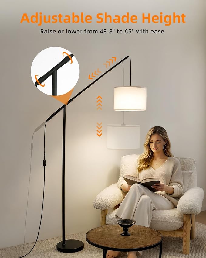 Arc Floor Lamp for Living Room, Dimmable Standing Lamp with Remote, Brightness & Color Temp Adjustable, Height Adjustable Arched Reading Light with LED Bulb, Black Tall Pole Lamp for Bedroom, Office